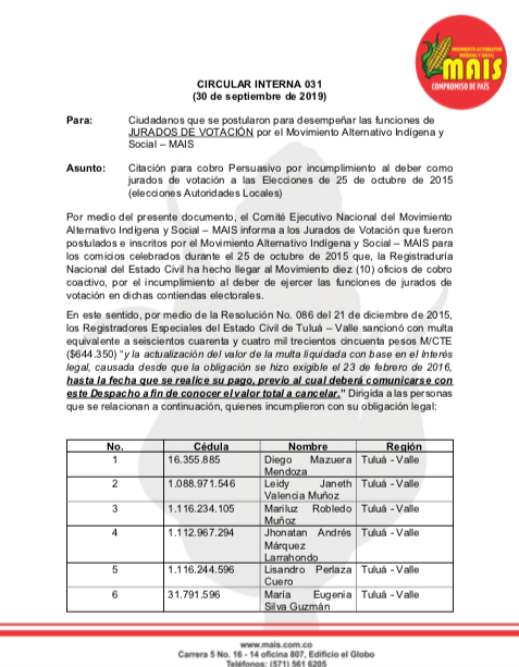 Circular Interna 031 – Citación para cobro Persuasivo por Incumpliniento al Deber como jurado de votación Elecciones 2015