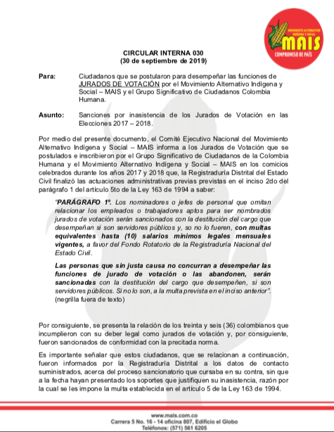 Circular Interna 030 – Sanciones por inasistencia de los Jurados de votación en las Elecciones 2017-2018