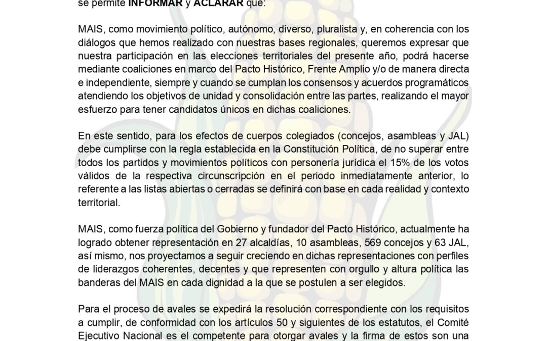 CIRCULAR No. 003 – Participación MAIS en elecciones de autoridades territoriales 2023.